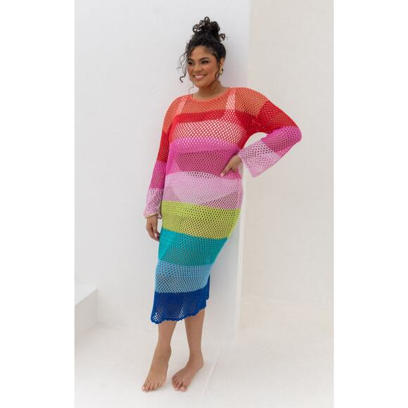 Show Me Your Mumu Paula Maxi Swim Coverup Dress Multi Stripe Crochet XS - Picture 1 of 6